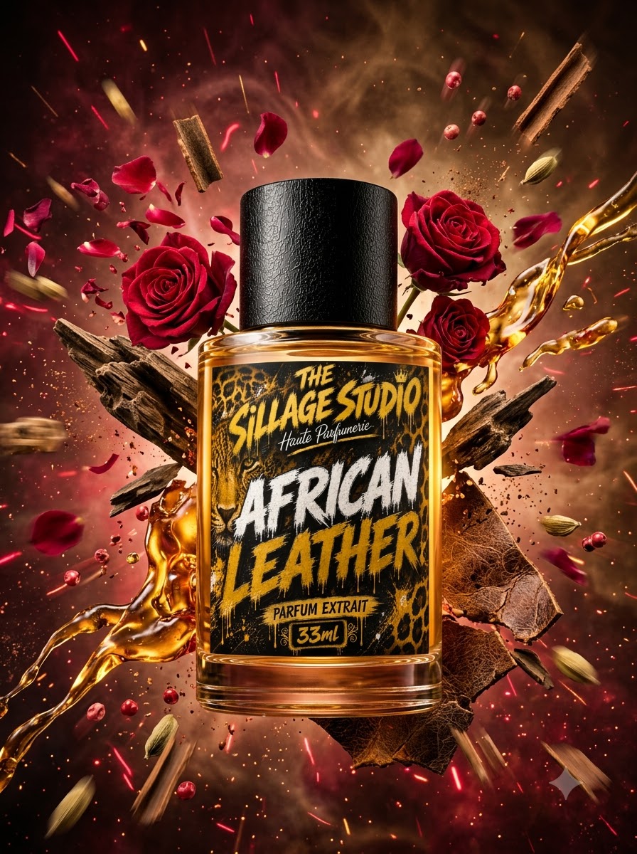 African Leather — exploded scent-world scene, The Sillage Studio Parfum Extrait 33ml