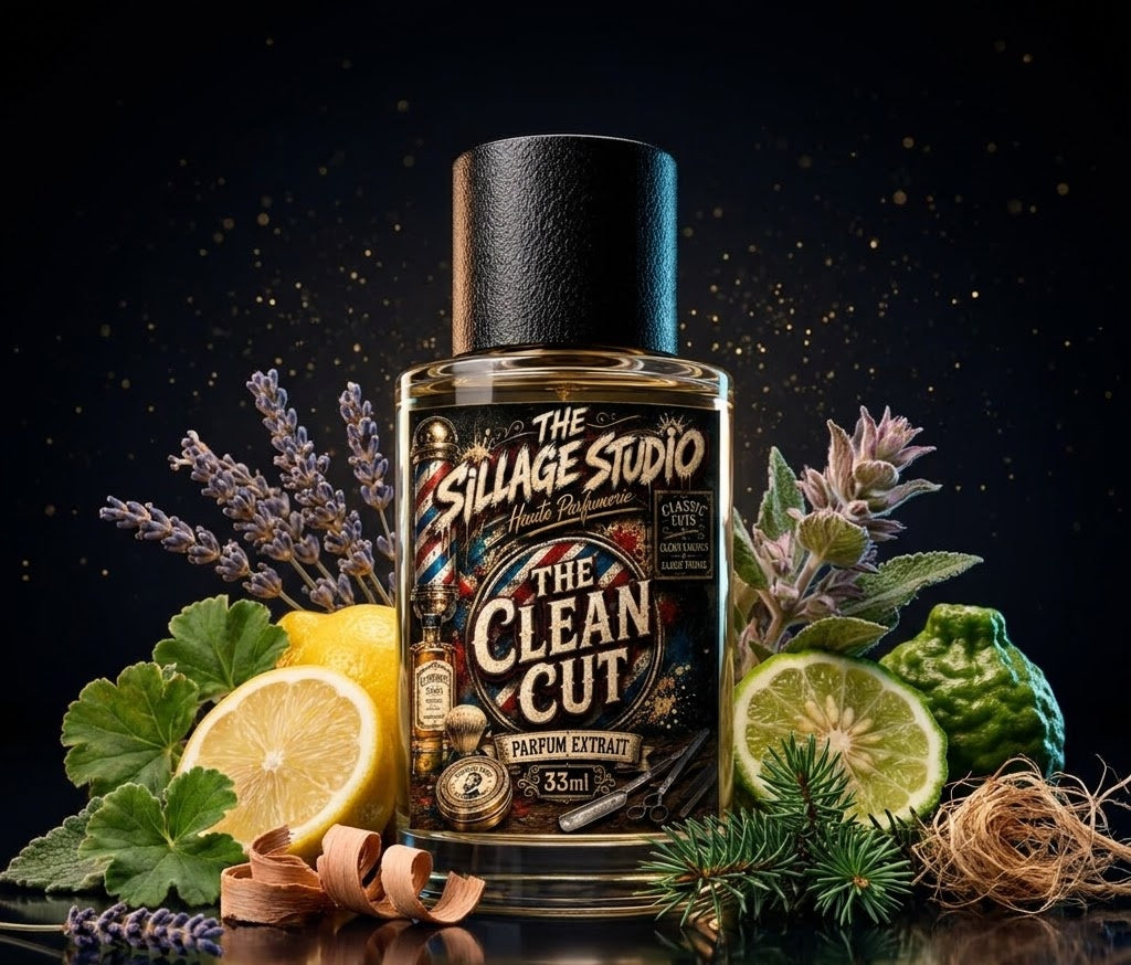 The Clean Cut by The Sillage Studio — Parfum Extrait 33ml, barbershop scent-world scene